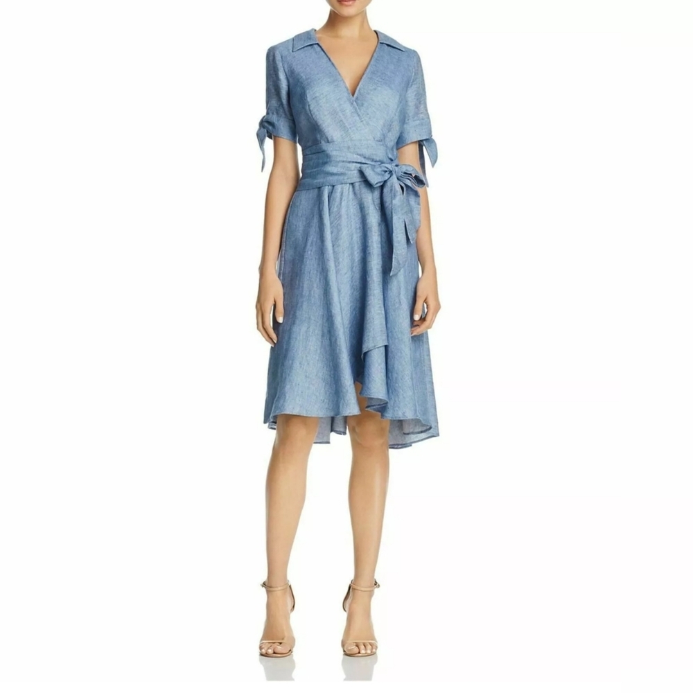 Milly NWT Women's Valerie Cold Shoulder Linen Chambray Wrap Blue Dress Size 6